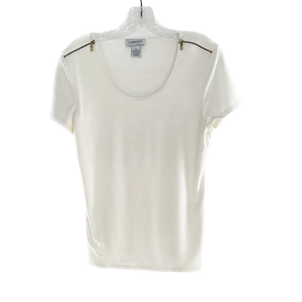 Carmen Marc Valvo Shoulder Zip Short Sleeve Scoop Neck Top White Size Medium